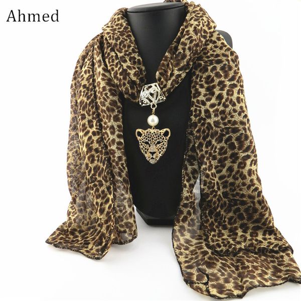 

ahmed autumn and winter fashion rhinestone leopard head pendant leopard scarf necklace for women new neckerchief scarves jewelry, Silver