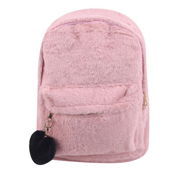 

cute solid faux fur backpack heart pendant winter soft women's big plush backpack pink black white rucksack mochila
