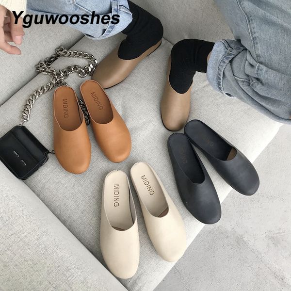 

korean style flat bottom all-match genuine leather lazy baotou semi-slippers female summer wear students muller ladies shoes, Black