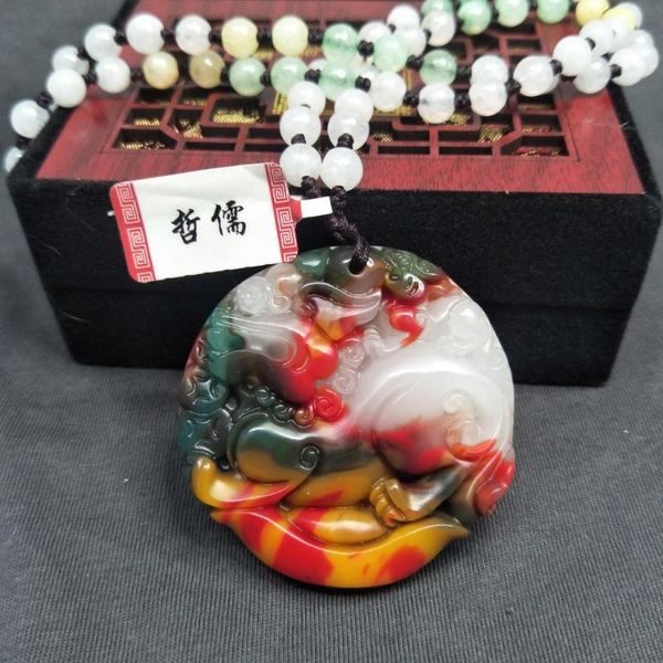 

send national inspection certificate natural colorful jade carving round beast pendant tricolor jadeite bead necklace, Silver
