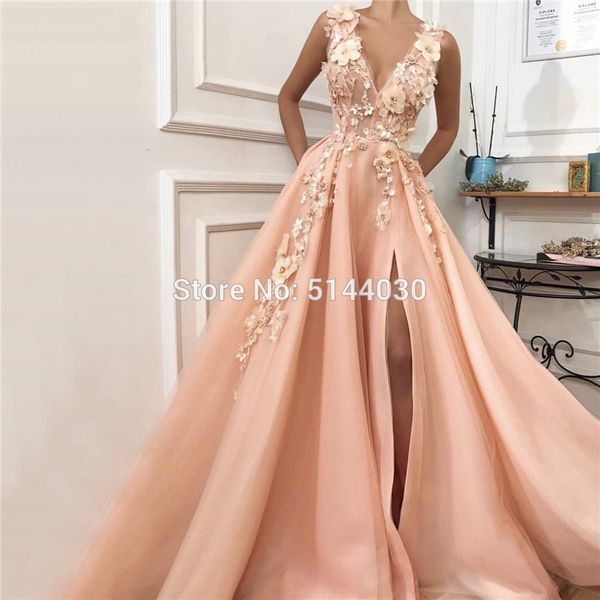 

peach deep-v beach muslim high slit evening dresses diamonds handmade flowers tulle prom evening gowns 2019 custom made, White;black