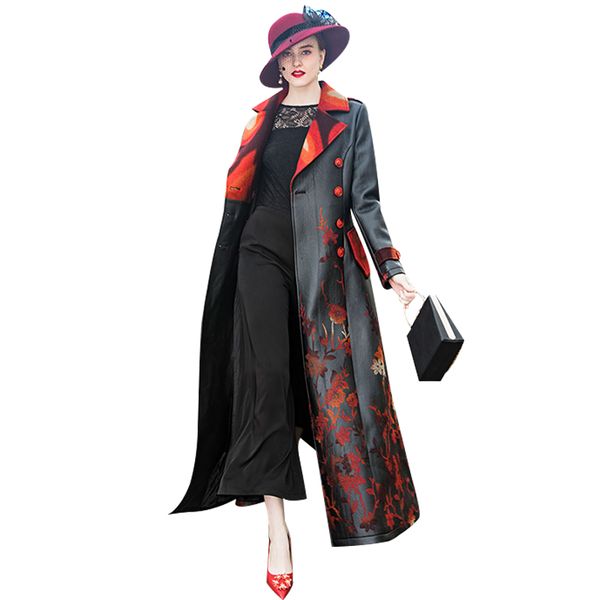 

casual black leather long jacket embroidery flower coat women 2018 autumn winter long pu leather coat female 6989