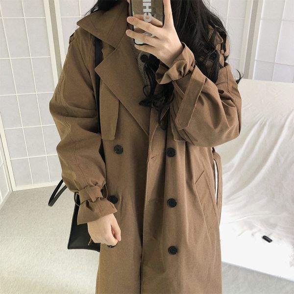 

autumn women long trench coat with belt button oversized loose turn down collar female windbreaker plus size vestidos, Tan;black