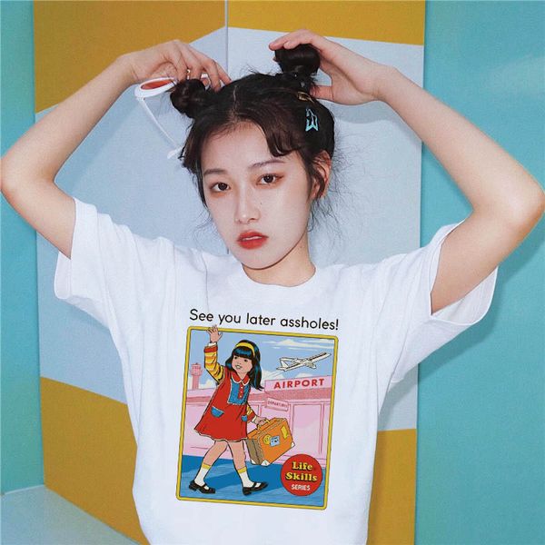 

summer evil demon letter print fun new female short-sleeved large size loose short-sleeved harajuku cartoon casual shirt, White