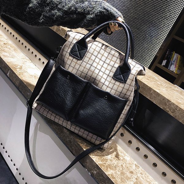 

luxury women plaid wool+leather shoulder bag vintage designer handbag casual totes fashion patchwork crossbody bags