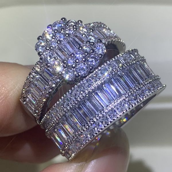 

new arrival unique luxury jewelry handmade 925 sterling silver full princess cut white z cz diamond eternity women wedding band ring set, Slivery;golden