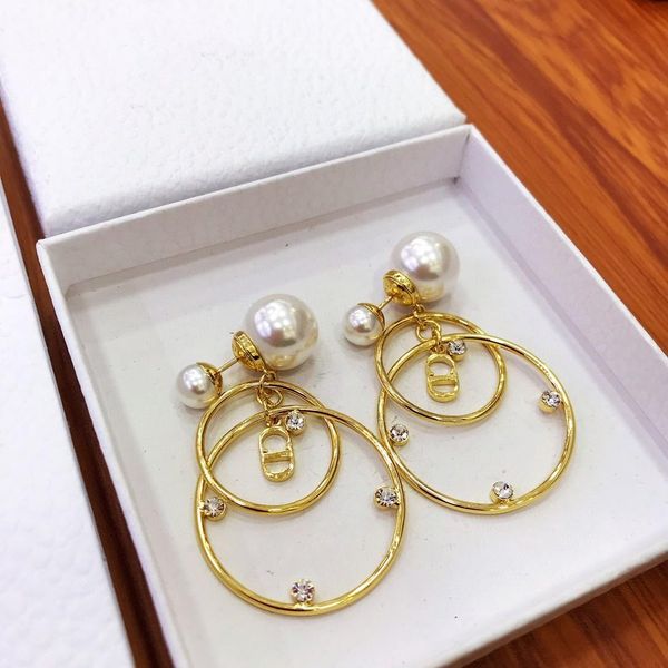 

explosion models pearl double ring letter pendant fashion designer earrings luxury designer jewelry women earrings, Golden