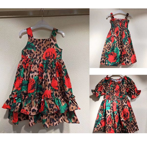 

summer red rose pattern printed baby girls red dress party boutique puff sleeve dress for girl leopard print rose dress y190518, Red;yellow