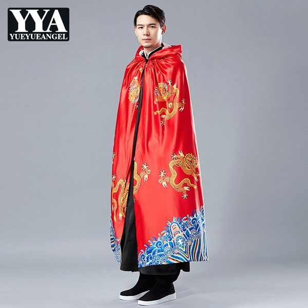 

2019 new chinese style dragon robe long jackets loose fit fashion runway printing hooded men coats spring vintage windbreaker, Black;brown
