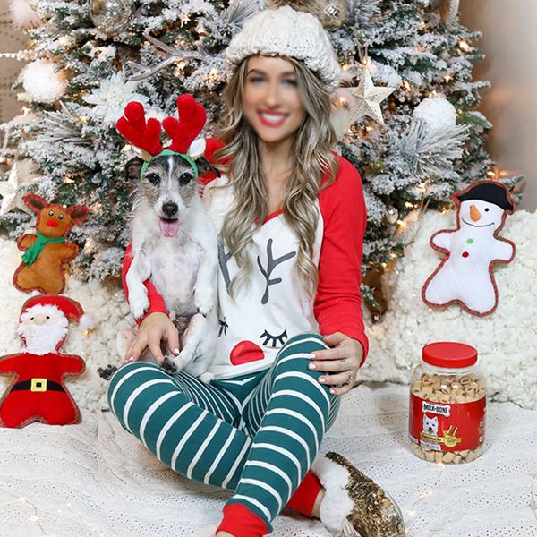

fashion new christmas sets elk striped pajamas home set long-sleeved sweater + trousers ww, White