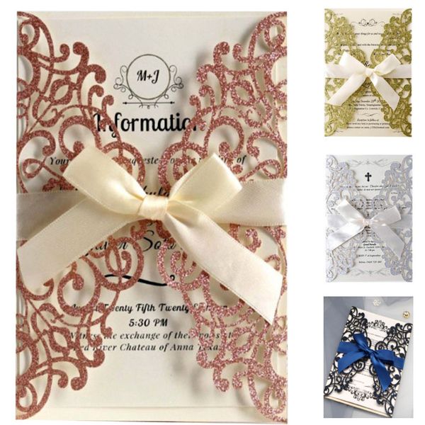 

rose gold glitter laser cut invitations cards with ribbons wedding bridal shower engagement birthday party graduation wx9-1351