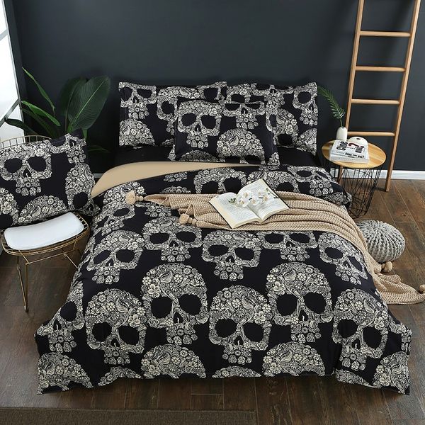

luxury sugar skulls bedding sets black color skull floral duvet cover  king size beddings bed sets 3pcs dropshipping