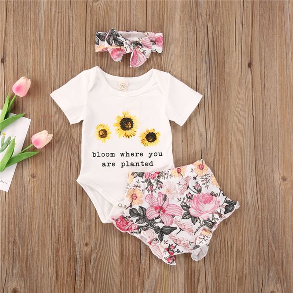 

clothing sets 2021 born baby sunflower short sleeve bodysuits shorts headband girls boys 3pcs 0-24m, White