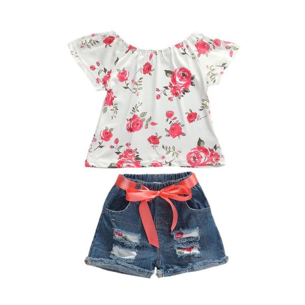 

clothing sets kid girls off shoulder rose print and ripped denim shorts set summer fashion 2-piece outfit, White