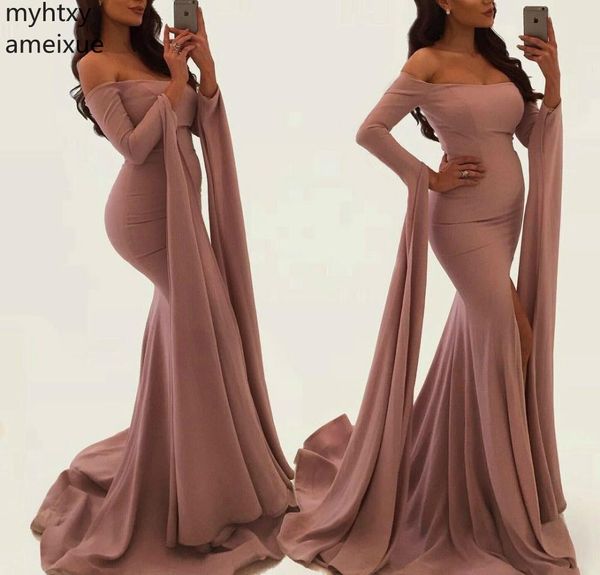 

2019 new mermaid long sleeves split evening dresses latest saudi arabia dubai off wear formal party prom gowns plus size, White;black