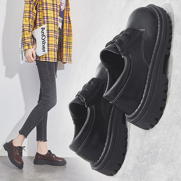 

small leather shoes women's 2019 autumn & winter lace-up versatile big head new style platform shoes daily life-style kore, Black