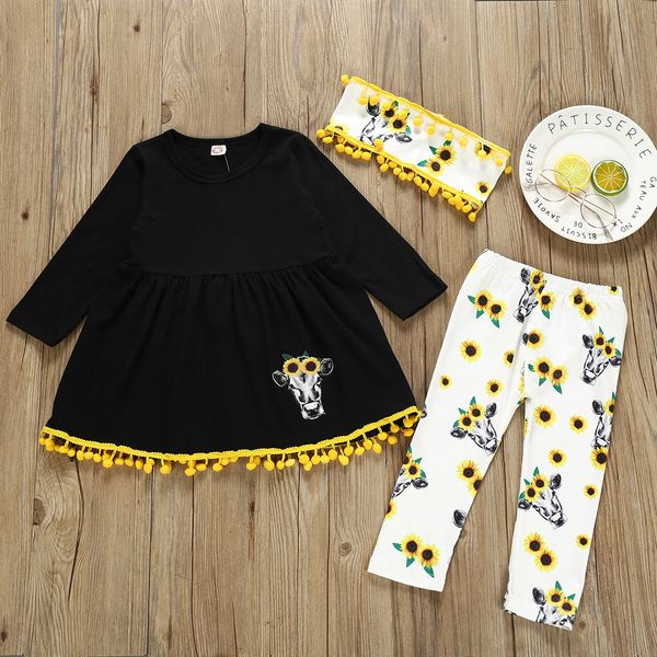 

2019 new arrival christmas clothes toddler kids baby girls tassel long sleeve cartoon dress sunflower floral pant outfits set, White