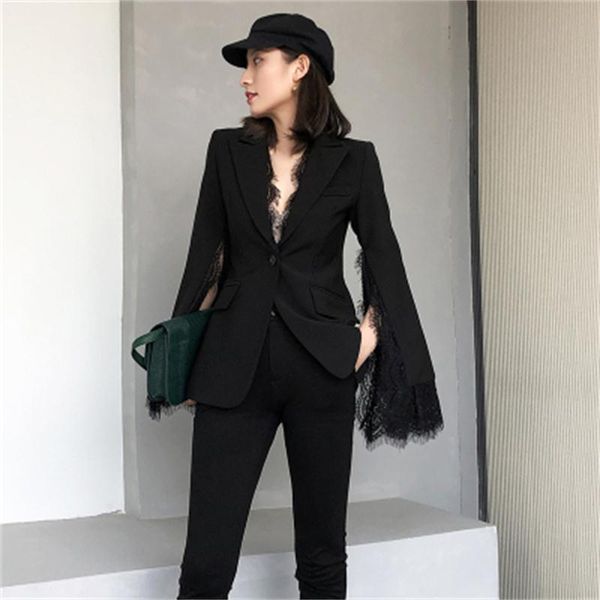 

женщины блейзеры женские куртки пальто лето новый high end черный свободные кружева сращивания профессиональный кружевной костюм блейзеры, White;black