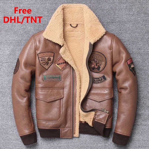 

dhl fast shipping luxury brown men shearling flight jacket gun pilot jackets wool liner b3 bomber coats, Black