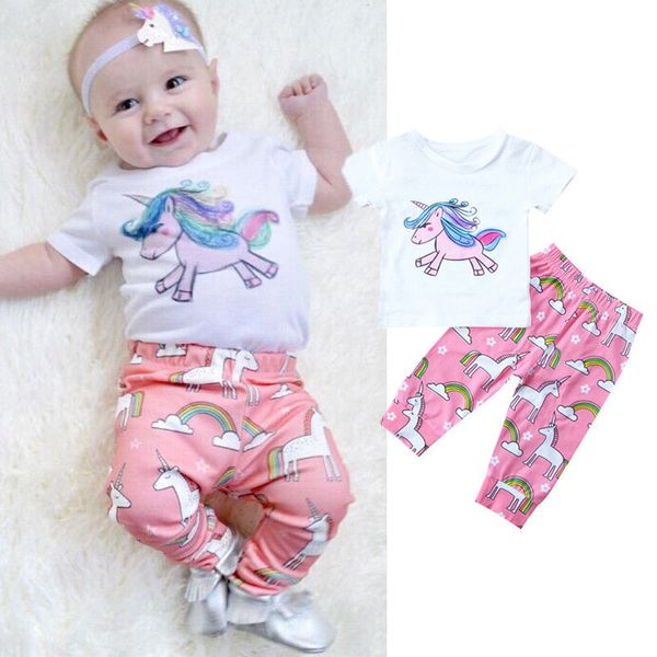 

pudcoco girl clothes newborn infant baby girls unicorn t-shirt long pants outfits clothes 2pcs, White