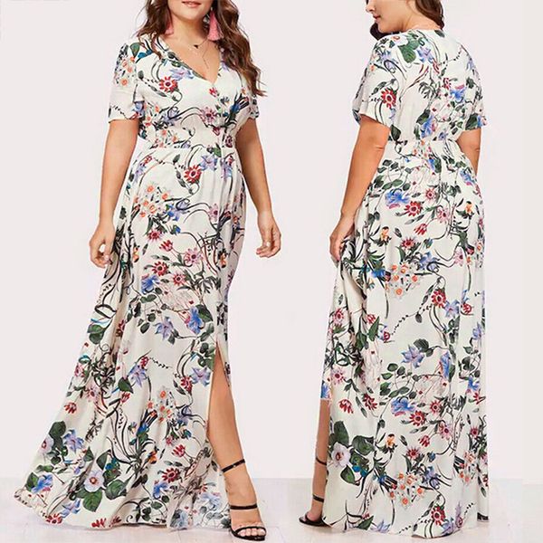 

plus size dress fashion women flower printed long dress v-neck short sleeve casual high waist pleated side split vestidos new, Black;gray