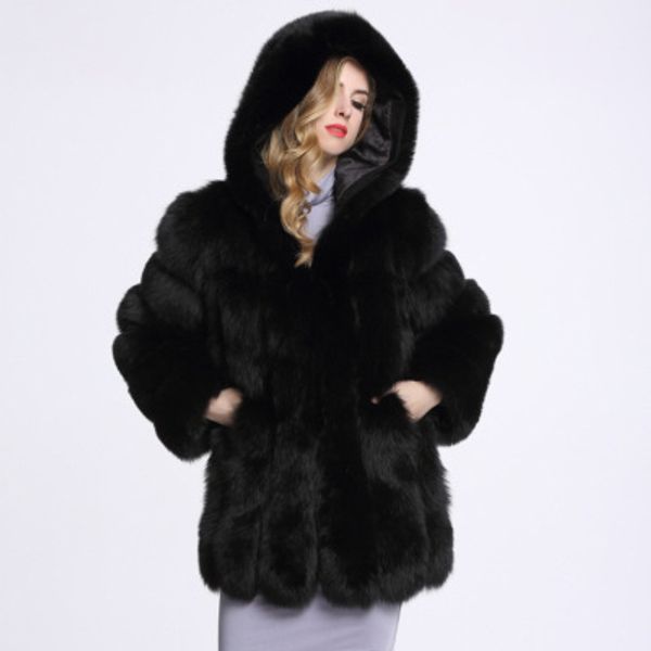 

wholesale-fashion women faux fox fur coat long style winter coats and jackets lady fur overcoat luxury manteau fausse fourrure, Black