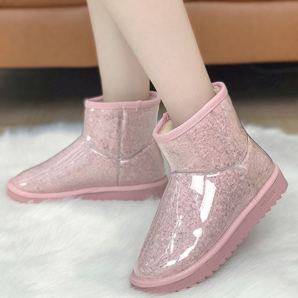 

rimocy waterproof leather ankle boots for women fashion long plush warm winter snow boots woman slip on platform shoes mujer, Black