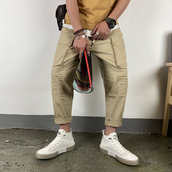 

men's casual pants 2020 spring and summer new american tooling patch hole wild nine-point pants youth fashion men's clothing, Black
