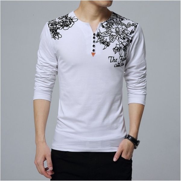 2019 Autumn Fashion Floral Print Men T Shirt Henry Collar Button