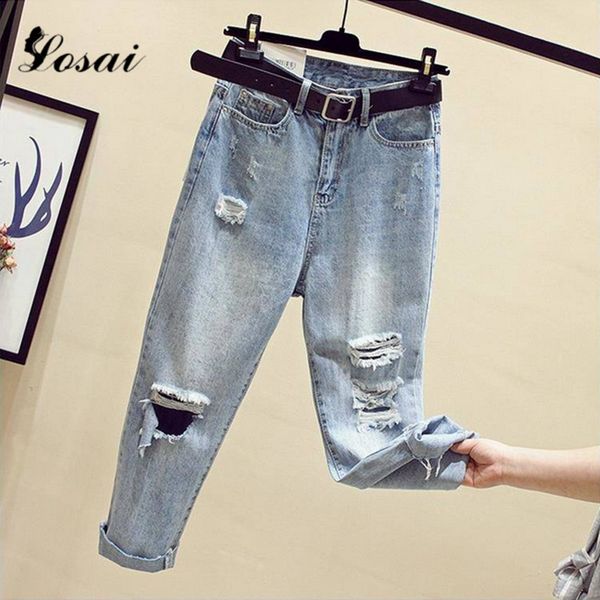 

2019 рваные джинсы бойфренд для женщин старинные середины талии джинсы плюс размер женщин карандаш брюки длиной до щиколоток брюки без пояса, Blue