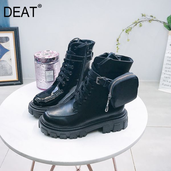 

deat] 2019 round toe bandage patent leather detachable backpack leather velvet women boots new autumn winter fashion 10f072, Black