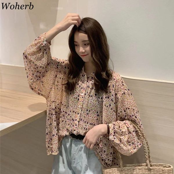 

woherb retro sweet chiffon blouses women 2020 spring summer print floral shirts bawting sleeve korean fashion blusas, White
