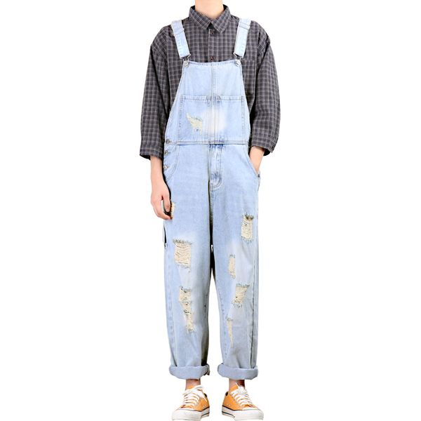 

jeans men 2020men's straight overalls jeans men's suspenders loose holes light blue