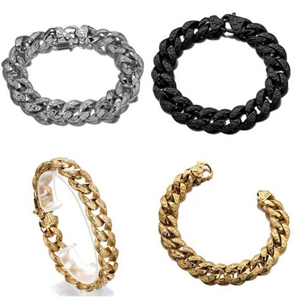 

mens bracelet 316l stainless steel silver gold black curved curb link chain bracelets for men wholesale jewelry 15mm