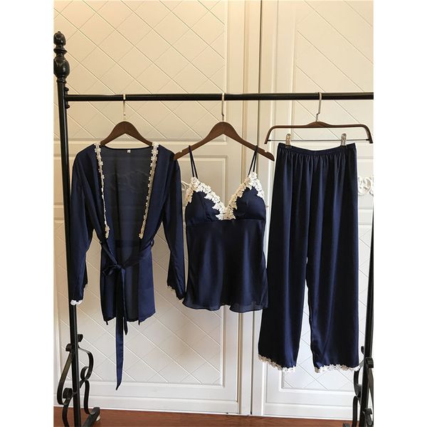 

satin pajamas for women elegant 3pieces sleepwear female lace at all seasons silk pajamas set coat+vest+pants 2018 pijama, Blue;gray