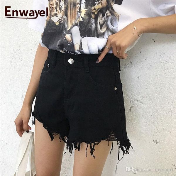 

enwayel 2018 summer tassel hole denim shorts for women casual button pockets girl jeans shorts femme ripped short jean, White;black