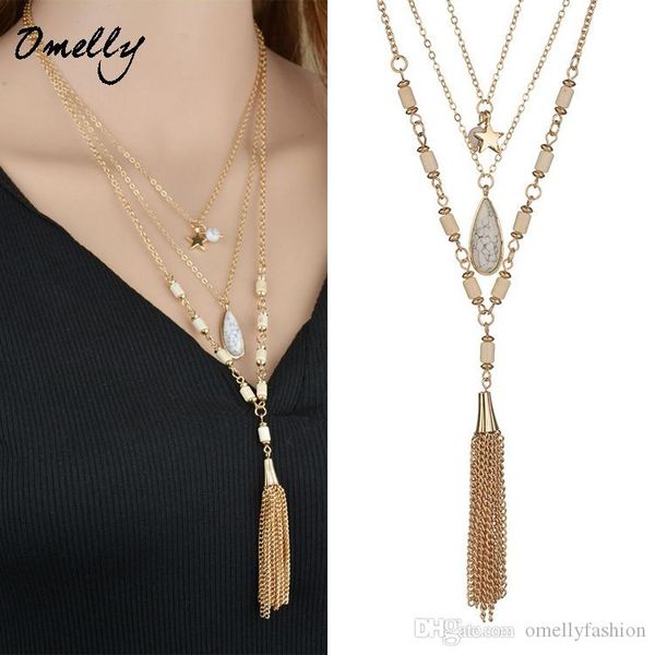 

multilayers gold chain tassel druzy boho stone pendants necklace kate scott jewelry long necklace for women girl jewelry wholesale in bulk, Silver