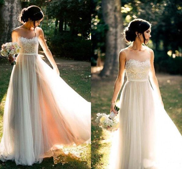 

Hot Sale Lace Boho Wedding Dresses A Line 2019 Ivory White Beach Bateau Full Length Backless Long Bridal Gowns Soft Tulle Wedding Gowns
