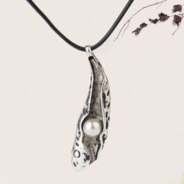 

Wax thread necklace national wind cotton and linen pendant long sweater chain antique alloy ancient silver pearl fish Necklace