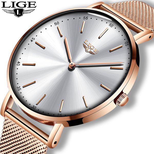 

women watches 2020 lige ladies fashion casual all steel ultra-thin mesh belt quartz clock +box, Slivery;brown