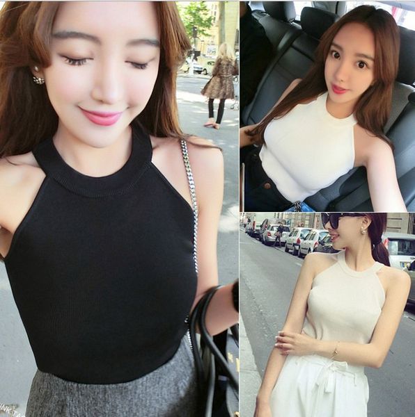 

factory price 2018 new style versatile slimming slim fit halter sweater women's pullover short sleeveless vest women's, Black;white
