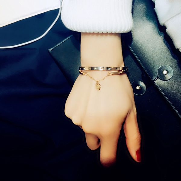 

rose gold stainless steel bracelets bangles female heart forever love brand charm bracelet for women famous jewelry, Black