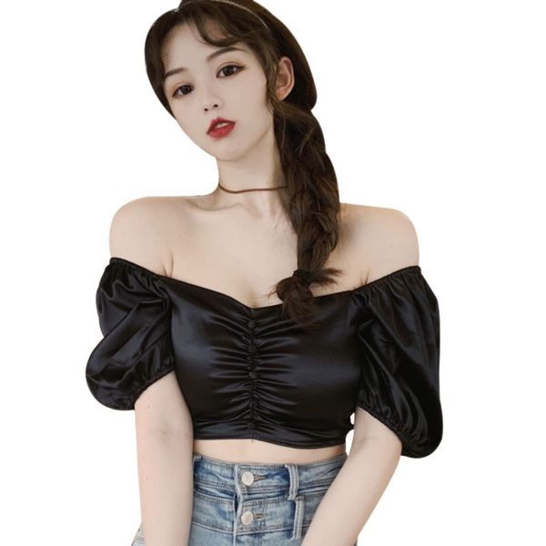 

женские рубашки summer new solid рассечение шеи сладкие top puff рукавом sexy exposed navel короткие рукава блузы сако, White