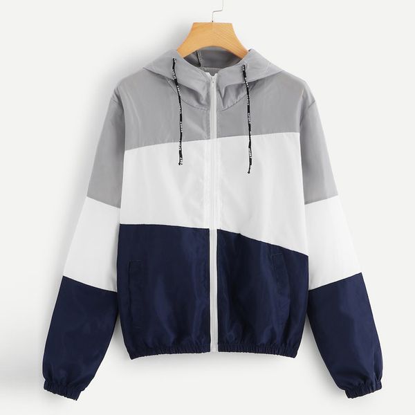 

2019 new women long sleeve patchwork hooded zipper pockets casual sport coat ladies girl women, Black