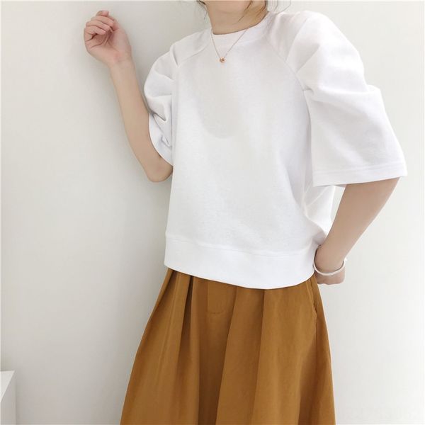 

1xfak straight summer and autumn simple casual cotton t-shirt pullover pullover round collar petal sleeve loose women's t-shirt middle, White