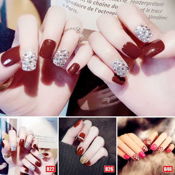 

24pcs/set fake nails tips crystal finish wedding brides nail art tips decor fm88, Red;gold