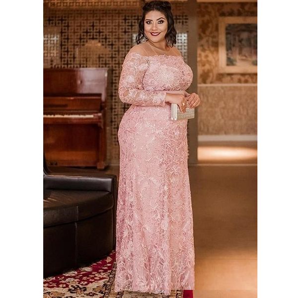 

light pink plus size lace prom dresses sheer jewel neck long sleeves evening gown sequined column floor length formal dress, Black