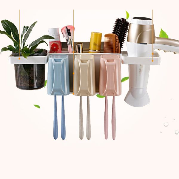 

multifunction bathroom hair dryer toothbrush bracket wall stand sturdy adhesive mount stand washroom storage rack with 3 cups bathroom stora