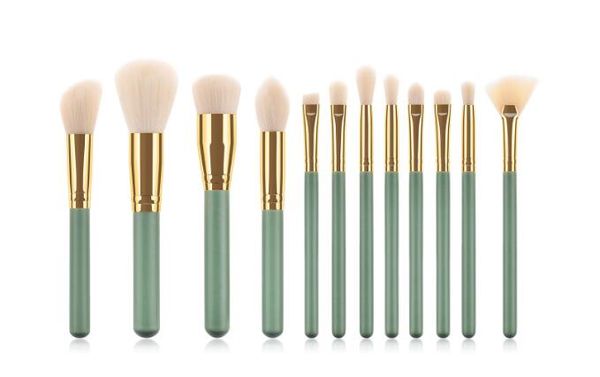 

beauty tools 12pcs makeup eye brushes set green gold wooden handle brush