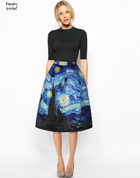 

новые юбки 2019 мода faldas женщин ван гог печать дамы высокой талией юбки хорошее качество груза падения, Black